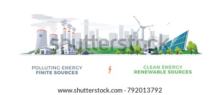 Vector illustration showing clean and polluting electricity generation production. Polluting fossil thermal coal and nuclear power plants versus clean solar panels and wind turbines renewable energy.