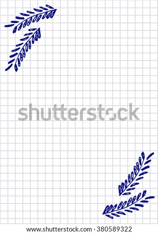 Vector blank for letter or greeting card. Checkered paper, white squared form with hand drawn branch with leaves. Imitation of inc drawing.A4 format size. Series of Cards, Blanks and Forms.