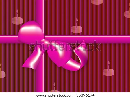 pink present with stripes, ribbon in pink, birthday cake imprint