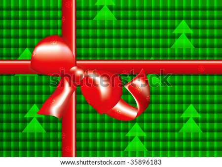 green present with squares, ribbon in red, christmas tree imprint
