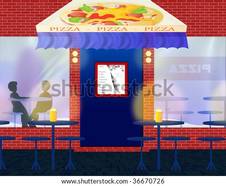a pizzeria, inside are two people by a table, a door and a menu card on it, many tables