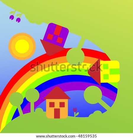 childish world with houses, trees and sky with sun and rainbow