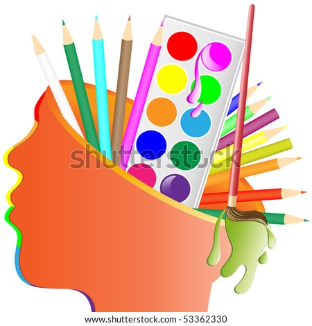 head: illustration: artist accessories like pencil, painting color, water color, painting brush, colored pencil