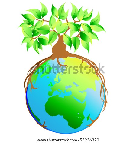 Illustration: Green Growing Tree On Earth, Roots Grow Over The Side To ...