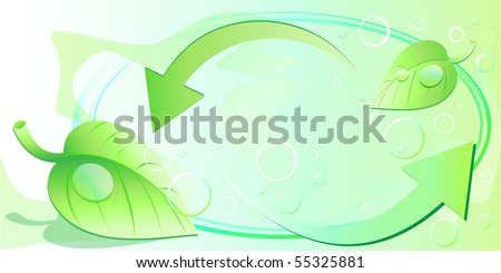 green abstractly background with oxygen bubbles, green leaf with water drop, arrow showing a cycle