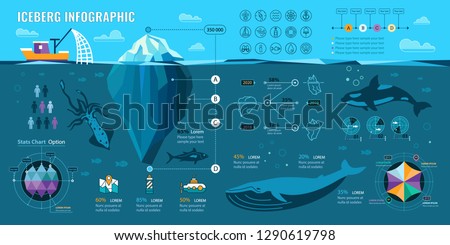 Iceberg and underwater infographics. Vector flat elements with polygonal iceberg, graphics and icons.