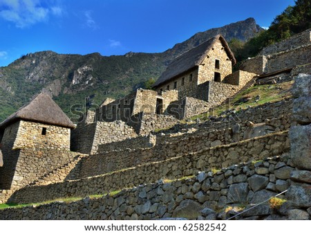 View of the hidden Inca sanctuary of Machupicchu near the entrance to the complex. Cusco, Peru, South America.