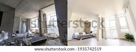 Empty rooms with large window, heating radiators before and after restoration. Comparison of old apartment and new renovated place. Concept of home refurbishment. 商業照片 © 
