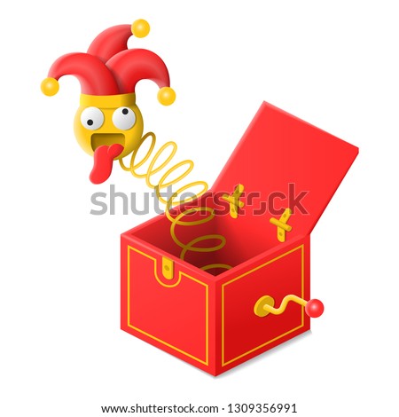 Surprise box with jester toy in joker hat for prank. April fool's day stuff