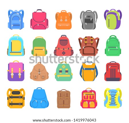 Big set school backpack, sport and travel bag different shape flat icon isolated on white background