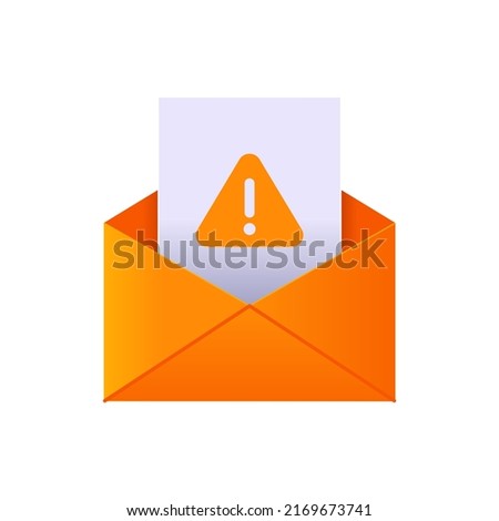 Dangerous 3d email orange envelope with attached file with warning exclamation mark vector illustration