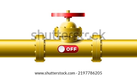 Yellow pipeline with big faucet and red slider is turn off vector illustration. Concept gas supply shutdown