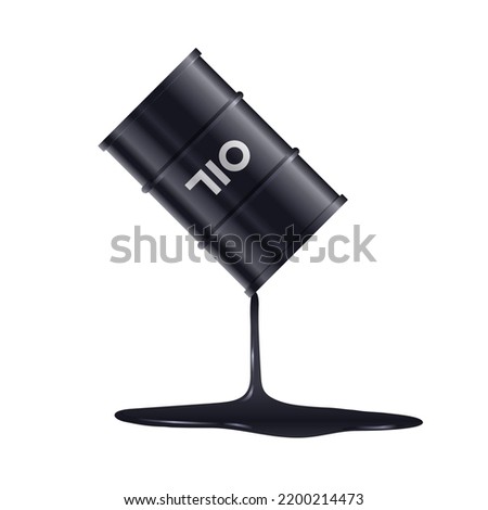 Black liquid oil flowing from steel black barrel vector illustration