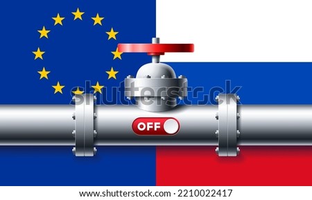 Metal pipeline with red slider turn off and red faucet on background with flags European union and Russia vector illustration