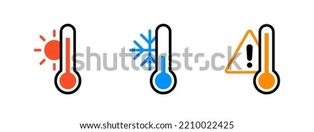 Set different thermometer with hot sun, cold snowflake and warning sign vector illustration