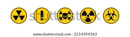 Set of warning yellow round signs with a biohazard, radioactive, skull and bones and fallout symbols vector illustration