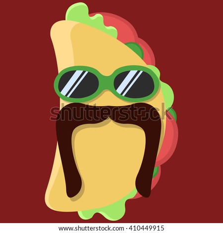 Vector taco cartoon with glasses and mustache isolated icon.