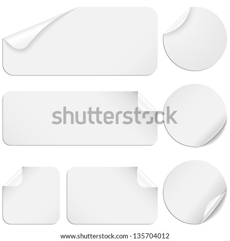 White Stickers - Set of white paper stickers isolated on white background.