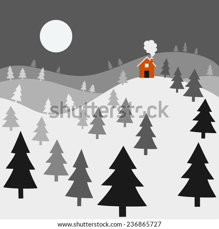 Winter Night Landscape - Landscape of a winter night, with a cozy red house on top of snow-covered hills.  All elements are individually grouped for easy editing.  Colors can be changed easily.