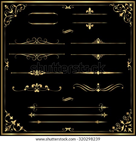 Gold Rule Lines and Ornaments - Set of vector text dividers and frame in gold.  Each element is grouped for easy editing.  Colors are a few global swatches; elements can be recolored easily.