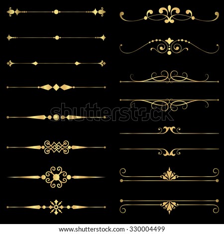 Gold Rule Lines and Ornaments - Set of vector text dividers and frame in gold.  File is layered, and each element is grouped separately for easy editing. 