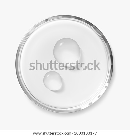 Two water drops on petri dish isolated realistic vector illustration, top view. Concept laboratory tests and research. Transparent chemistry glassware