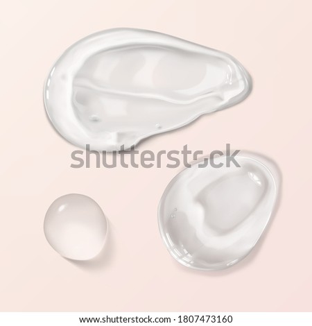 Aloe gel smear, smudge stroke and drop. Transparent facial cleanser, peeling, shampoo, shower gel, above. Pure cosmetic product sample realistic vector illustration. Swatch moisturizer skincare serum