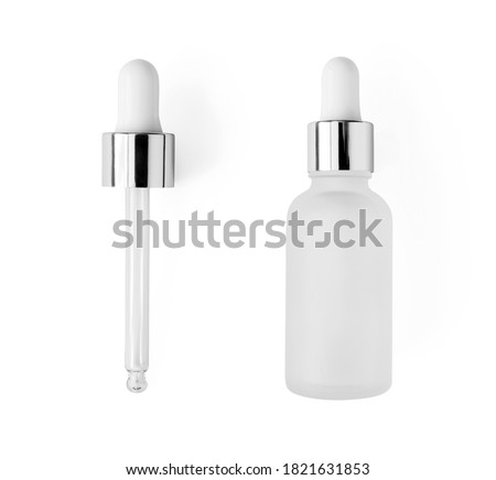 Serum bottle with pipette isolated on white background, top view. Close-up frosted glass container for skin care beauty product, above.Aromatherapy, essence or perfume blank