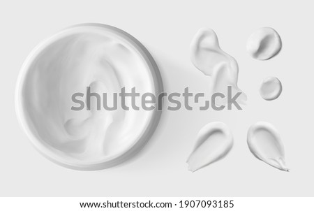 Open cream in jar and moisturizer smear isolated realistic vector illustration, above. Beauty facial cosmetic product texture top view. Body care lotion