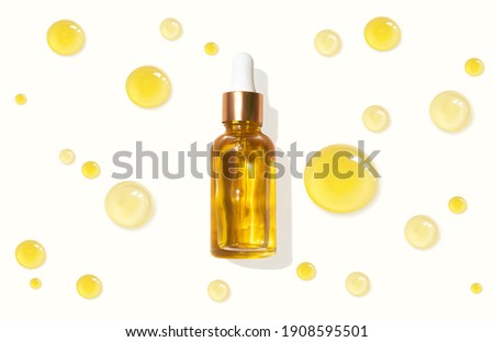 Oil serum glass bottle and collagen drops realistic vector illustration, top view. Aromatherapy oil. Cosmetic skincare anti-age fluid