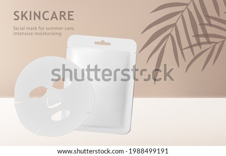 Mockup realistic 3d facial beauty sheet mask and white plastic packaging sachet on beige background with tropical coconut palm tree leaves shadow. Template cosmetic product