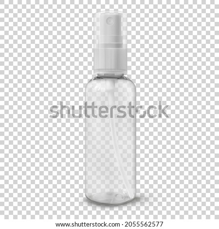 Transparent plastic cosmetic bottle with spray realistic vector illustration. Container for sanitizer, mist, thermal water. Travel format beauty product package