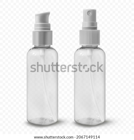 Transparent plastic cosmetic bottles set realistic vector illustration. Containers for sanitizer, mist, thermal water, lotion, cream, beauty product