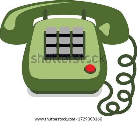 Old fashion telephone. Home phone with buttons. Hang up phone. Answer a call. Ring off. Stay on the line. Handset on the wire. Technical support. Retro device. 