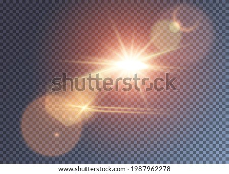 Shining reddish vector sun with lens flare effect. Colorful realistic glimpes and halo. Hot summer day illustration