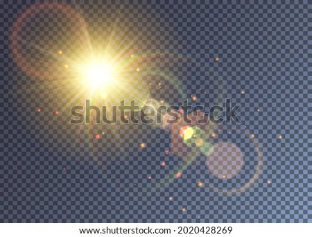 Shining yellow vector sun with lens flare effect. Colorful magical particles, glimpes and halo. Hot summer day illustration