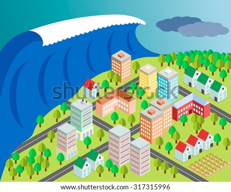 Tsunami Covering City And Make Destruction. Isometric Illustration ...