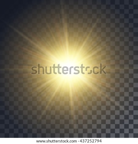 Vector yellow sun with rays and glow on transparent like background. Contains clipping mask.