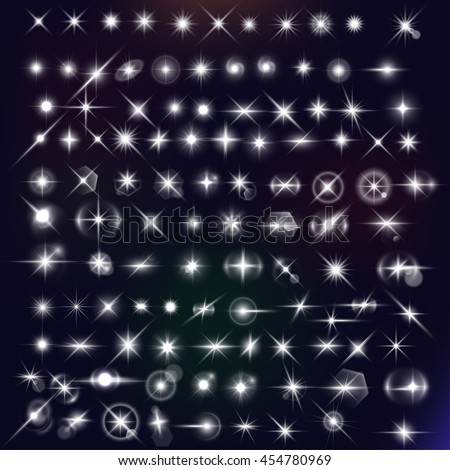 Vector stars mega set. White flares effect on dark background. Release clipping mask for work.