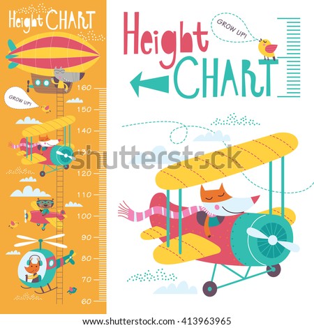 Kids height chart. Vector isolated illustration of cartoon transport and animals on an orange background.