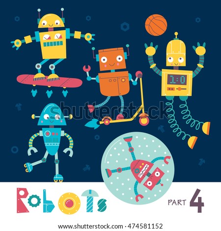 Vector set of cartoon robots isolated on a dark background. Part 4. Kids characters. Sports and games.