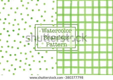Set of two watercolor seamless patterns, green color. Square/check and polka dot. For any your design project or for print on any item. 