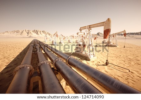 Oil pump jack rocking with pipeline in the background.