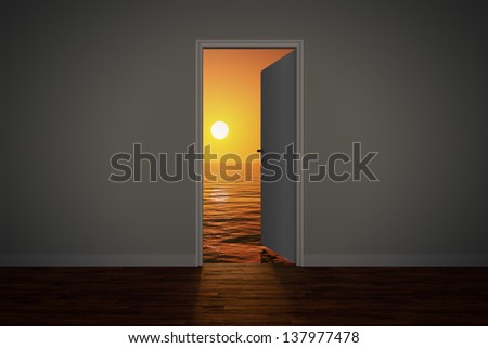 View of the sunset sea, seen through an open door.