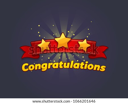 Receiving the cartoon achievement game screen. Vector illustration with golden stars. Graphical user interface GUI to build 2D games. Casual Game.  Can be used in mobile or web game. Isolated.
