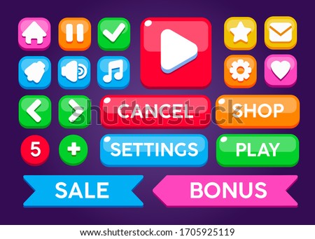 Game ui set. Complete elements of graphical user interface GUI to build 2D games. Casual Game. Vector. Can be used in mobile or web games.
