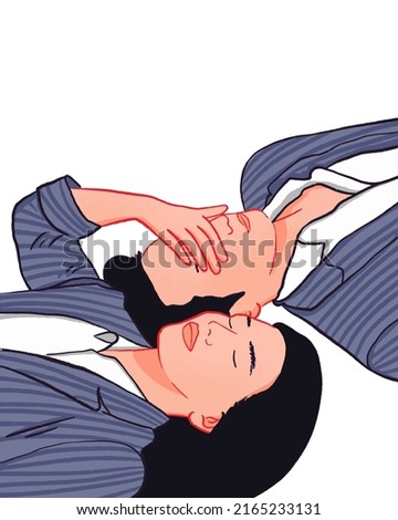 card. a girl and a guy lie on the floor in suits. woman closes his eyes. vector illustration. white background.