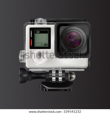 Action camera in waterproof box. Equipment for filming extreme sports. Realistic vector illustration isolated on dark background