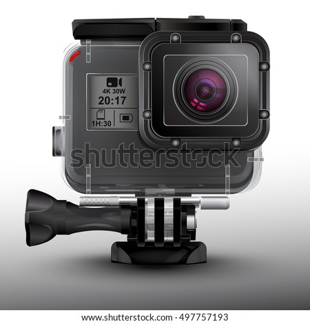 Action camera in waterproof box isolated on white background. Gear for shooting extreme sports. Action cam