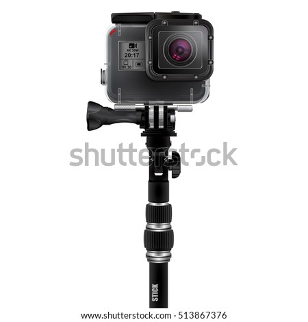 Action camera on a selfie stick. Realistic vector image isolated on white background